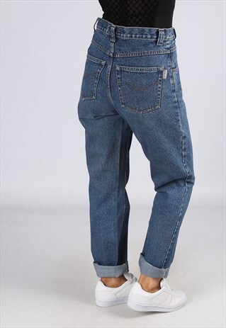 HIGH WAISTED DENIM JEANS TAPERED LEG VINTAGE UK 12 (25Q)