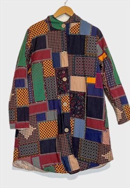 Vintage 90s Hippy Patchwork Print Duffle Hooded Coat L