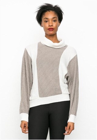 VINTAGE 80'S CREAM AND BROWN ROLL NECK JUMPER