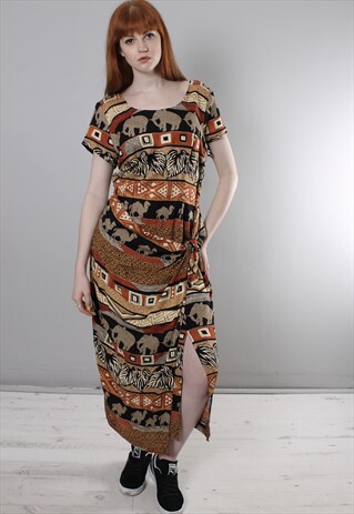 VINTAGE 80S SAFARI PATTERNED LONG WRAP DRESS