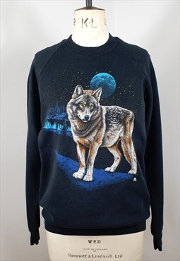 Vintage JERZEES Wolf & Blue Moon Black Graphic Sweatshirt M