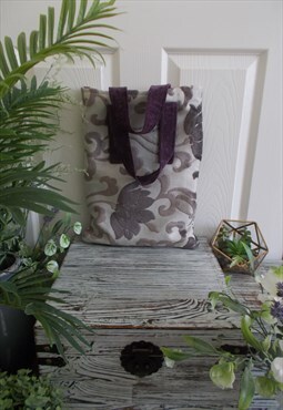 Beige Velvet Damask tote/ shopper bag, purple handles