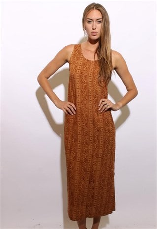 VINTAGE 1990'S 90'S TRIBAL PRINT MAXI DRESS BATIK RAYON S-M