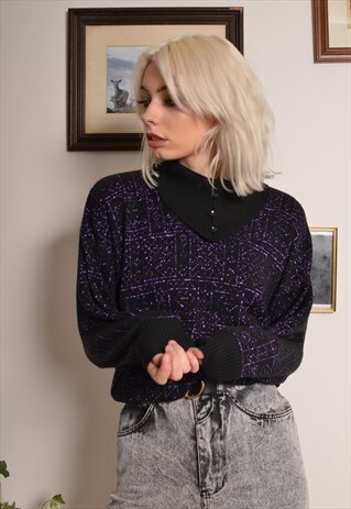 VINTAGE 80S PURPLE METALLIC KNIT CROPPED ROLL NECK JUMPER