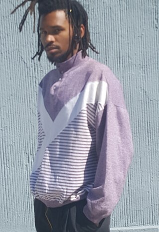 80S 90S CLASSIC STRIPE MOCK NECK HENLEY SWEATSHIRT XL