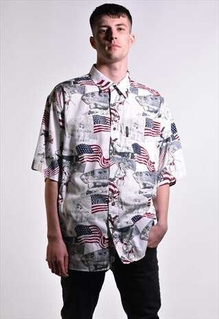 VINTAGE NORTH RIVER ALLOVER USA PRINT SHIRT