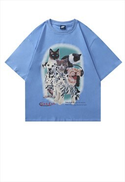 Cute animals print t-shirt Y2K lovely skate tee in blue