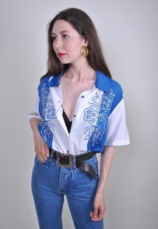 70S MINIMALIST BLUE WHITE BLOUSE WITH FLOWERS EMBROIDERY