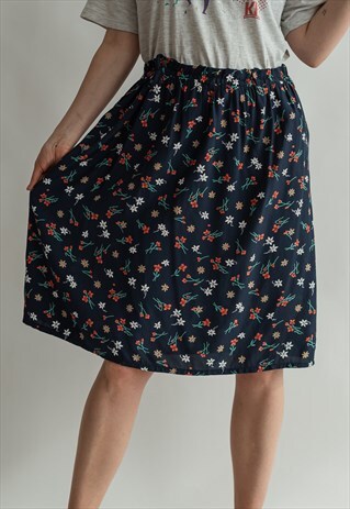 VINTAGE 80S FLOWER MIDI SKIRT IN BLUE