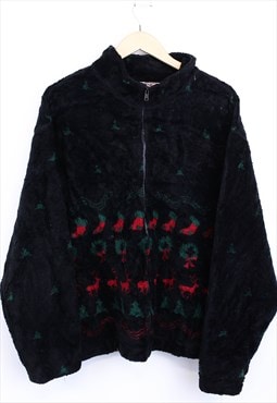 Vintage Christmas Pattern Fleece Black Zip Up Faux Fur 90s