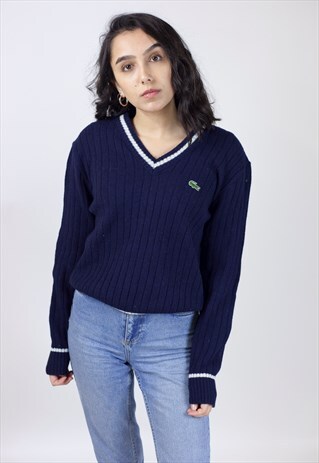 VINTAGE LACOSTE NAVY V-NECK KNIT JUMPER