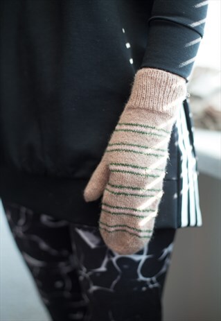 BROWN STRIPED HANDMADE KNITTED WOOL GLOVES