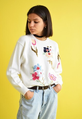 90'S RETRO FLORAL EMBROIDERY KNIT DESIGNER JUMPER TOP