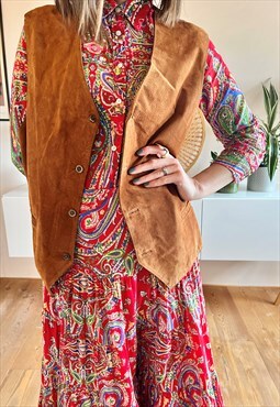 1970's vintage oversize tan suede vest with paisley back 