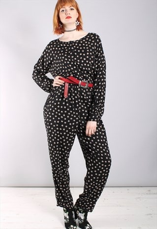 VINTAGE 80S FLORAL PRINT BATWING BUTTON JUMPSUIT