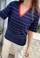 VINTAGE 70S MOD STRIPED V-NECK BLOUSE TOP T-SHIRT