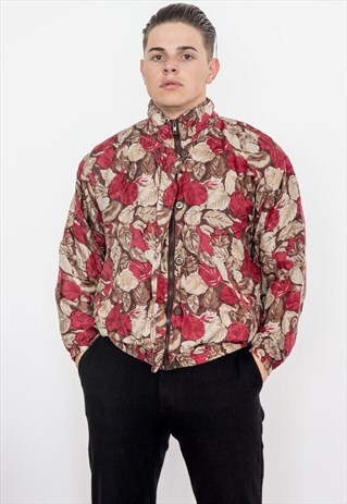 90S VINTAGE RED AUTUMN LEAVES PRINT BOMBER JACKET