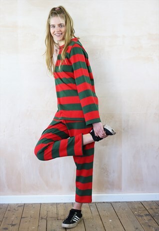 RED N GREEN QUEEN STRIPED CROP PEGPANTS & JUMPER CO-ORDINATE