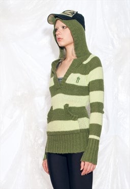 Vintage Y2K Hooded Knit Jumper in Green Striped