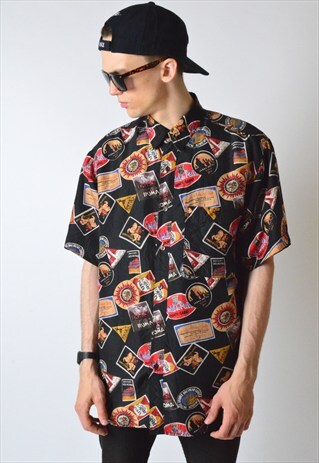 VINTAGE 90S BLACK COLOURFUL SILK SHORT SLEEVE SHIRT