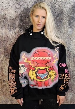 Devil graffiti hoodie grunge Satan cartoon pullover in black