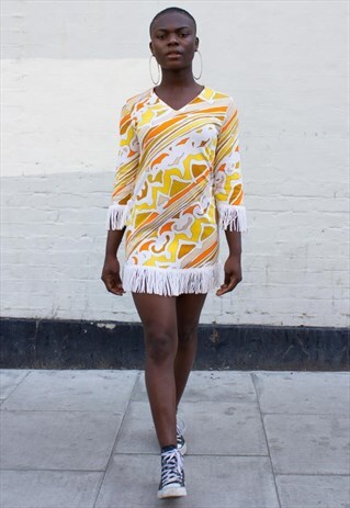 1970S VINTAGE PSYCHEDELIC PRINT FRINGE MINI DRESS