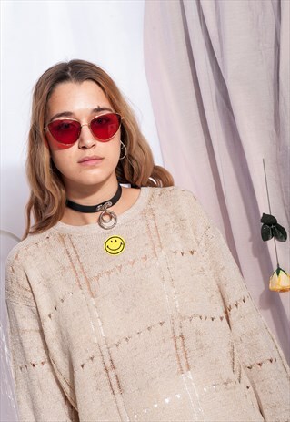 VINTAGE KNIT JUMPER 90S ACID SMILEY PATCH CROP TOP IN BEIGE