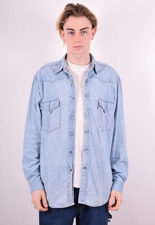 MENS VINTAGE DENIM SHIRT LARGE BLUE 90S
