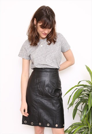 VINTAGE 80S BLACK LEATHER STUDDED MIDI SKIRT