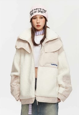 Mountain fleece bomber skiing style puffer jacket in cream 
