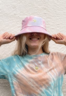 ROR Pink Tie Dye Embroidered Sun Emoji Bucket Hat