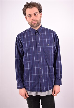 LACOSTE MENS VINTAGE SHIRT LARGE NAVY BLUE CHECK 90S