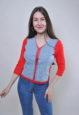 Vintage quarter sleeve red blouse, funny summer shirt 