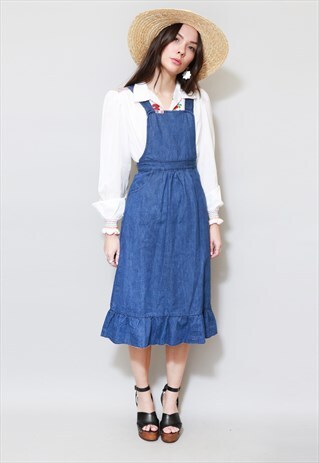 VINTAGE 1970'S CUP RUFFLED BUTTON BACK DENIM MIDI DRESS