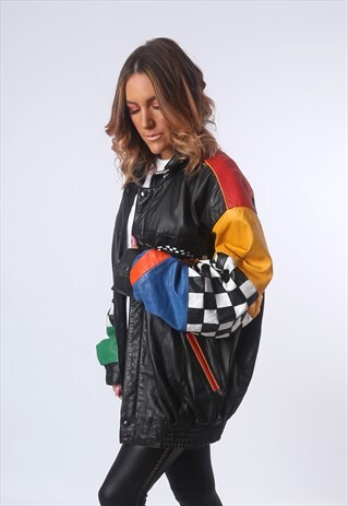 LEATHER BOMBER JACKET OVERSIZED RACING UK 18 - 20 (5AQ)