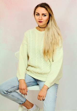1990S VINTAGE CREAM CHUNKY ARAN KNIT JUMPER