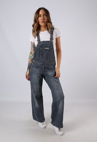 VINTAGE DENIM DUNGAREES WIDE LEG UK 10 SMALL (ACD)