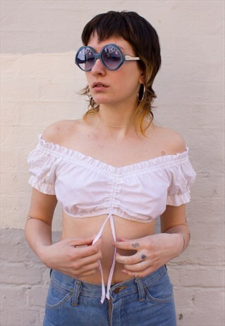 VINTAGE SUMMER BARDOT CROP TOP IN WHITE COTTON