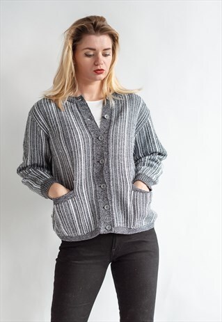 VINTAGE 80S MINIMAL GREY STRIPE CARDIGAN WITH POCKETS