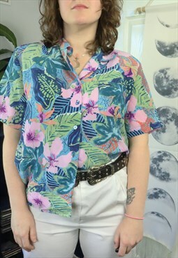 Vintage 90s Colourful Tropical Hawaiian Floral Shirt Blouse