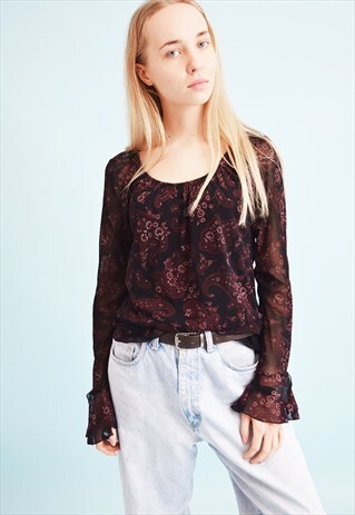 90'S RETRO PAISLEY PRINT KITSCH SHEER MESH PARTY TOP BLOUSE