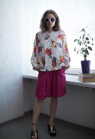VINTAGE 80'S WHITE FLOWER PRINT VISCOSE BOMBER TOP