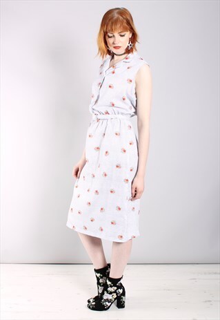 VINTAGE 60S SPOTTY SLEEVELESS BELTED MIDI SHIRT DRESS