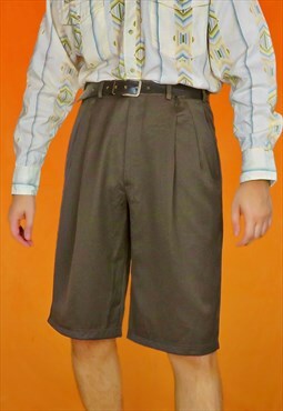 Vintage Pleated Tailored Long Brown Shorts Cropped Trousers
