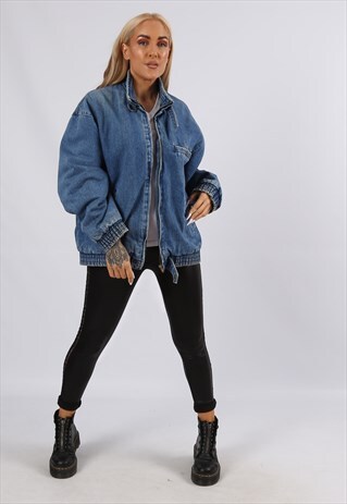 VINTAGE 90'S DENIM BOMBER JACKET OVERSIZED UK 14 L (51N)