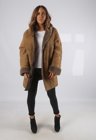 VINTAGE SHEEPSKIN SUEDE SHEARLING COAT SHORT HOODED 14 (JH4G