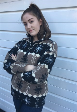 WOMENS VINTAGE 80S FLEECE BEIGE BLACK PATTERNED JACKET