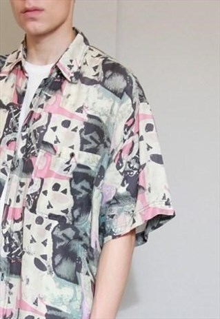 VINTAGE 1980'S ABSTRACT PRINT OVERSIZED SILK SHIRT