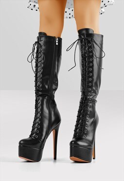 Sexy Platform Stiletto Heel Lace-up Over Knee Boots Black