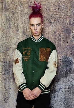 College baseball varsity jacket faux leather bomber in green